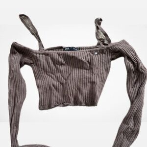 Zara Ribbed Off-Shoulder Top in Brown